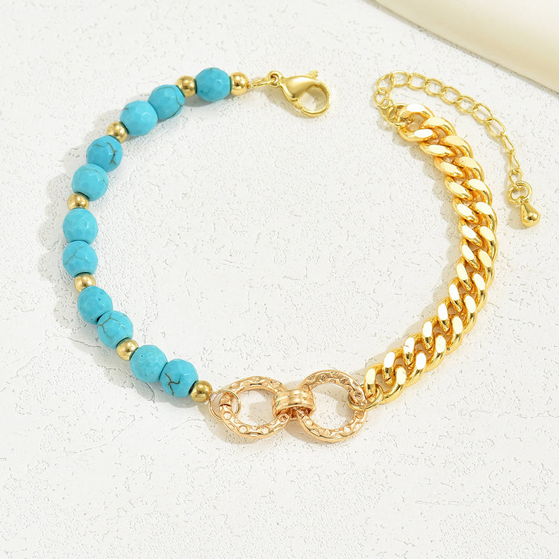 A Creative And Luxurious Instagram Style Double Ring Turquoise Multi Chain Mixed Bead Bracelet For Women's Vacation And Date Gifts