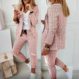 Women's Solid Color Plaid Long Sleeve Suit Two-piece Set With Pockets & Drawstring Waist Office Wear For Spring&Fall