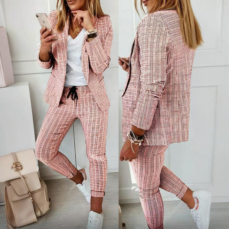 Women's Solid Color Plaid Long Sleeve Suit Two-piece Set With Pockets & Drawstring Waist Office Wear For Spring&Fall