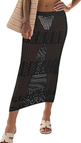 Fisoew Womens Crochet Skirt Cover Up High Waist Sheer Mesh Beach Maxi Skirts Hollow Out Knit Swimsuit Coverups