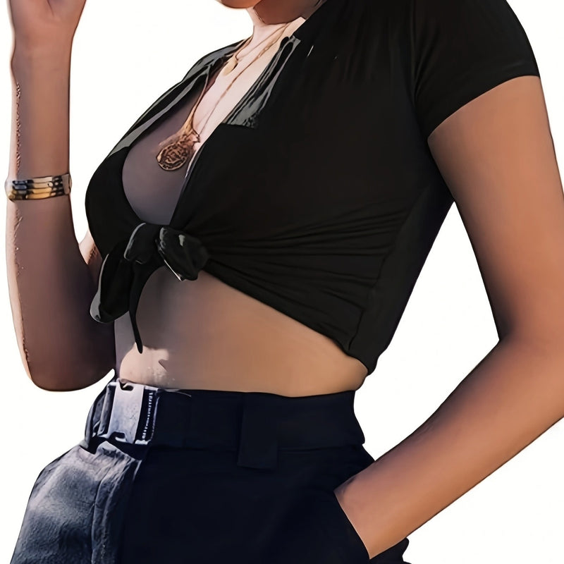 Ladies' New Casual Vacation Style Solid Color Chest Tie Fashion T-shirt