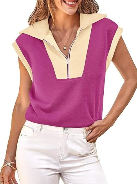 Fisoew Womens Half Zip Sweatshirts Short Sleeve Color Block Lapel V Neck Loose Summer Pullover Tops