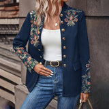 Women's Stand Collar Solid Color Floral Print Blazer Fashion Double-Breasted Fall & Winter Jacket