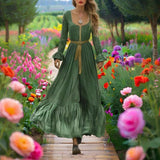 Women's Square Neck Long Sleeve Dress - Green Bohemian Maxi Dress Back Vent With Ruffle Hem & Sleeve