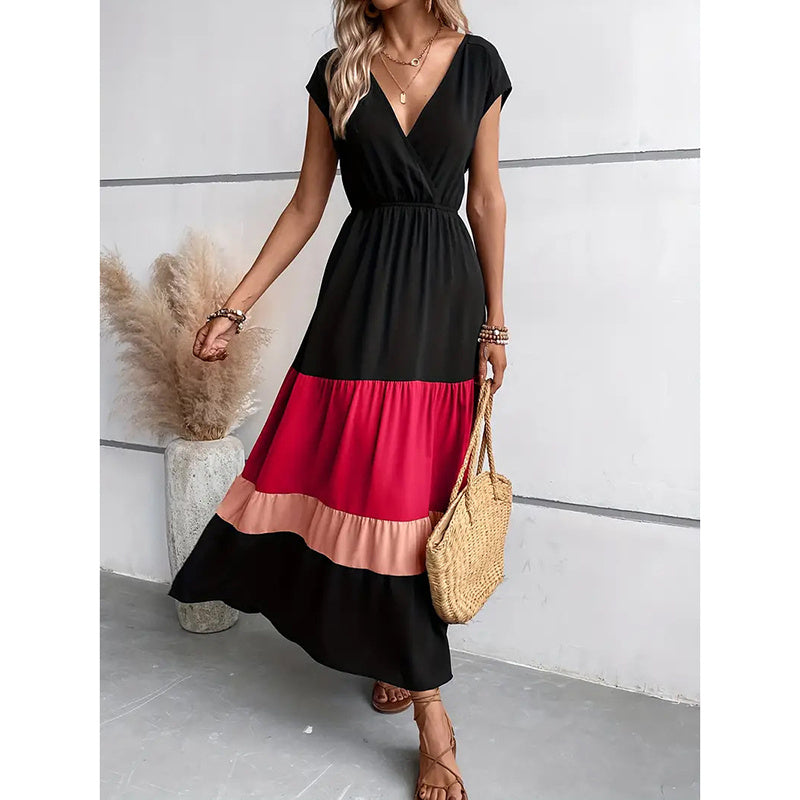 Women's Color Block Maxi Dresses V Neck Sleeveless Tiered Casual Dresses Loose Sundress