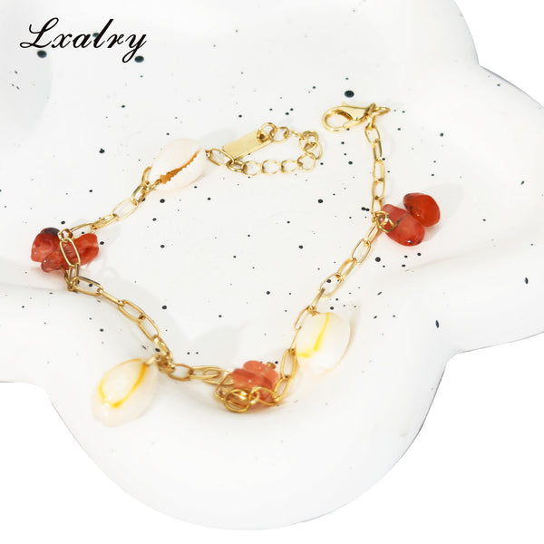 Lxalry 18K Gold Plated Shell & Red Energy Stone Anklet -Summer Beach Style Waterproof Foot Chain For Women -Hypoallergenic, Fade-Resistant, Boho Jewelry Gif