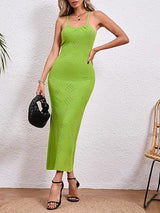 Fisoew Womens Crochet Swimsuit Cover Up Sleeveless Halter Neck Sexy Bodycon Backless Summer Knit Beach Vacation Maxi Dress