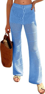 Saodimallsu Womens Beach Cover Up Pants Boho Crochet Knit High Waist Drawstring Sheer Hollow Swim Pant Swimwear
