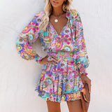 Women's Bohemian Print V-Neck Long Sleeve Dress - Flowy Beach Dress With Elastic Waist