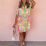 Women's Loose Fit Geometric Print Short Sleeve Dress - Casual Summer Button Front Dress, Comfortable & Stylish