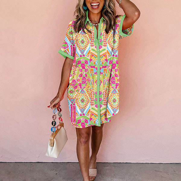 Women's Loose Fit Geometric Print Short Sleeve Dress - Casual Summer Button Front Dress, Comfortable & Stylish
