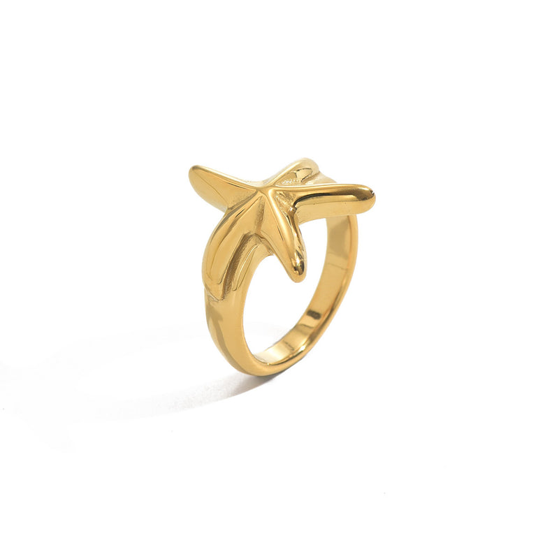 Lxalry 18K Gold Plated Stainless Steel Starfish Ring For Women - Minimalist Beach Style Jewelry, Waterproof, Tarnish-Free, Hypoallergenic, Elegant Ocean-Inspired Gift, Adjustable Summer Vacation Ring