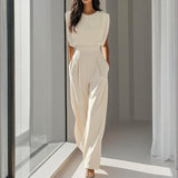 Women's Solid Color Round Neck Short Sleeve Wide-Leg Jumpsuit With Waist Design & Pockets Casual Romper For Spring&Summer