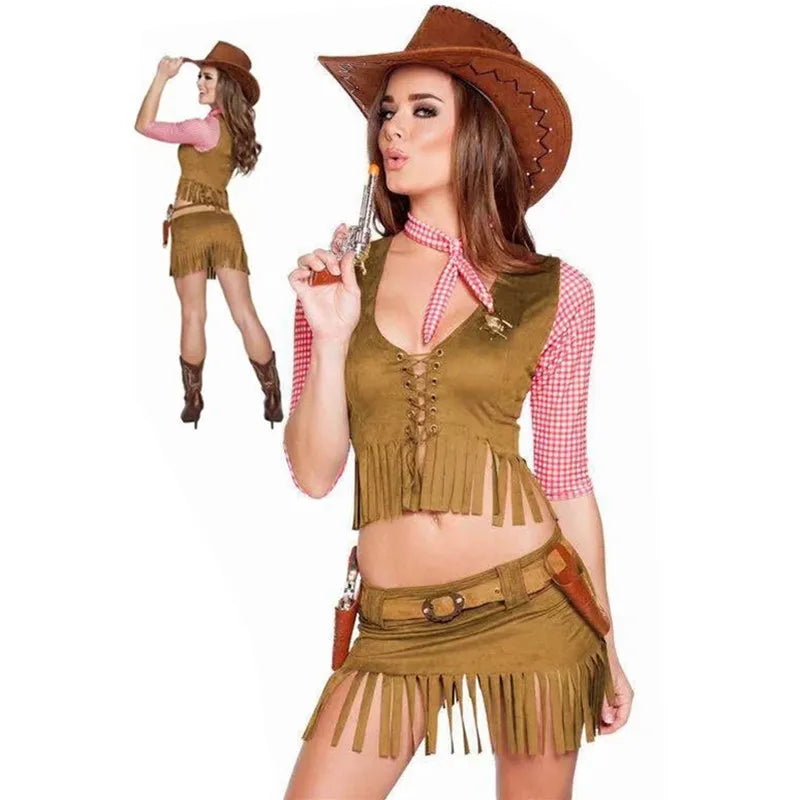 Carnival Halloween Lady Sexy West Cowboy Costume Prairie Pioneer Cowgirl Tassels Clubwear Roleplay Cosplay Party Fancy Dress