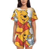 Custom Winnie The Pooh Pajama Sets Womens 2 Piece Short Sleeve Pjs Shorts Sleepwear