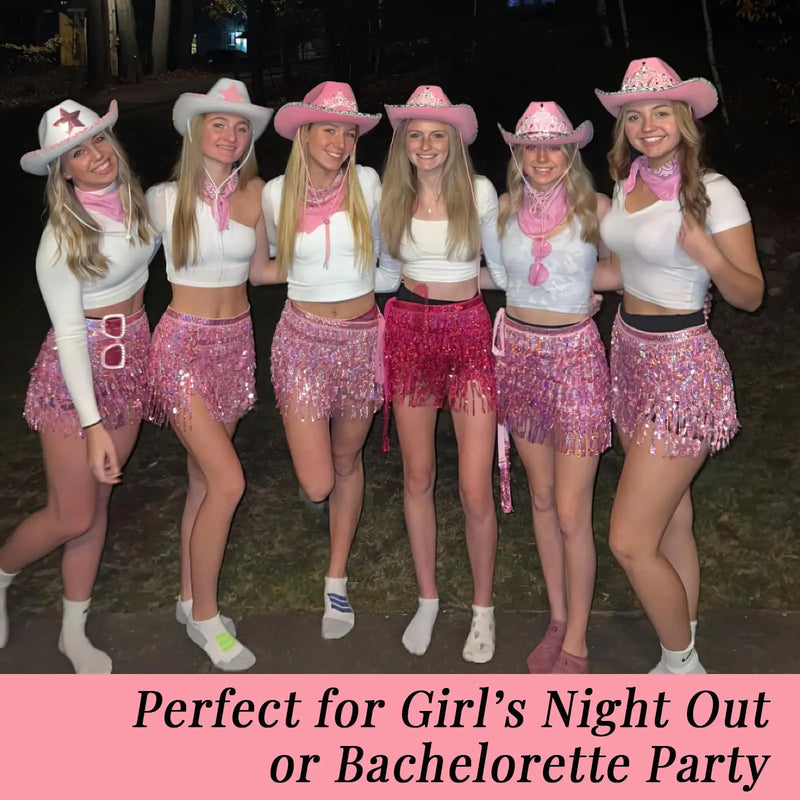 Pink Cowgirl Costume SET for Women Girl:cowboy Hat with Feathers,Space Skirt,HEART-SHAPED GLASSES, halloween accessories