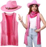 3 Pcs Women Cowboy Cowgirl Costume Faux Suede Tassel Vest Waistcoat with Rivets Cowboy Hat Carnival Party Clothes Clubwear