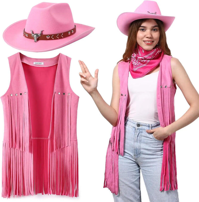 3 Pcs Women Cowboy Cowgirl Costume Faux Suede Tassel Vest Waistcoat with Rivets Cowboy Hat Carnival Party Clothes Clubwear