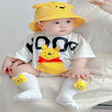 Newborn Baby Boys Girls Rompers+Sock+Hat 3pcs Set Cartoon Mickey Pooh Donald Duck Print Cotton Clothes Jumpsuit Infant Bodysuits