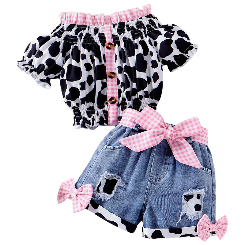 Little Girls Western Cowgirl Outfit Cow Print Off Shoulder Smocked Shirt Top with Denim Shorts Summer Daily School Party Clothes