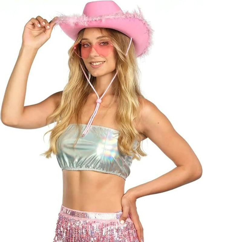 Pink Cowgirl Costume SET for Women Girl:cowboy Hat with Feathers,Space Skirt,HEART-SHAPED GLASSES, halloween accessories
