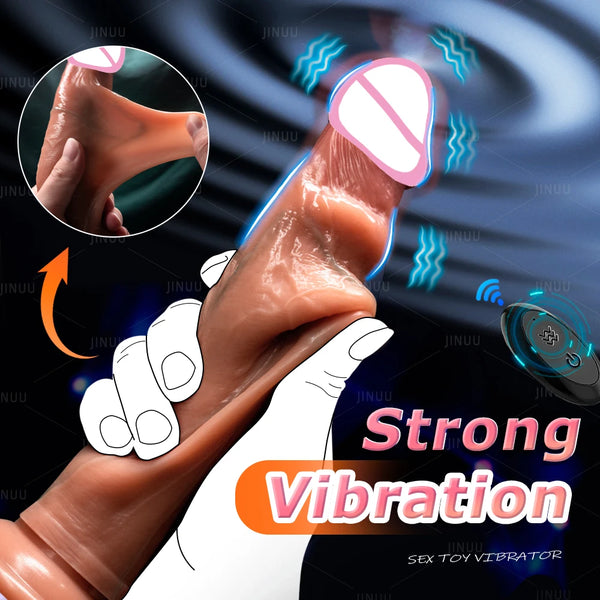 Vibration Sliding Foreskin Dildo USB Charging Suction Cup Strap on Dildo For Women and Man Realistic Silicone Penis GSpot Dildo