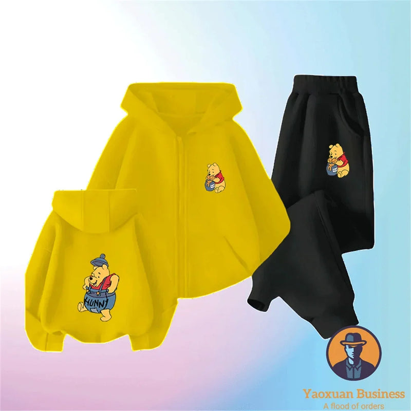 Winnie The Pooh Spring Autumn Cute 2Pcs Casual Hoodie+Pants Tracksuits 3-14 Years Boys Girls Outfits Children Clothes