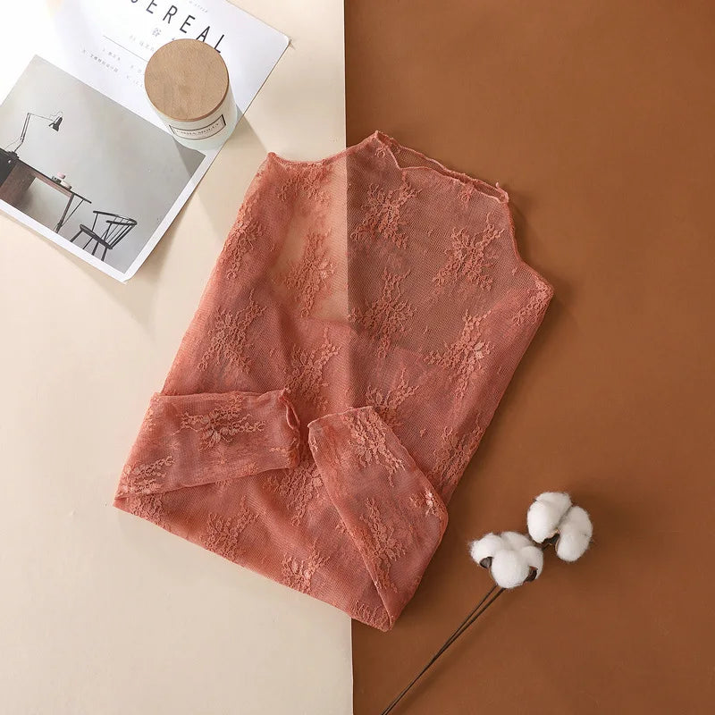 S-XL New Women Floral Lace Shirt Spring Autumn Long Sleeve Sexy Mesh Bottoming Shirts Mock Neck Blouse T-Shirt Pullover Top