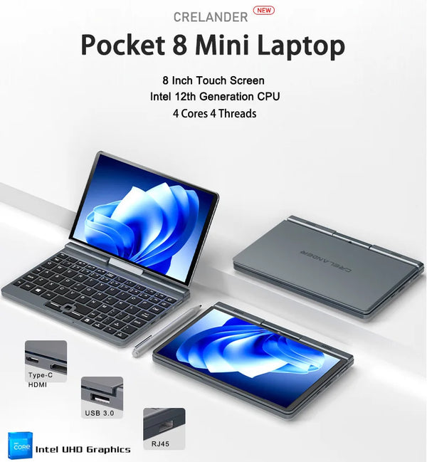 CRELANDER P8 Mini Gaming Laptop 8 Inch Touch Screen Intel Alder Lake N150 12GB DDR5 Windows 11 WiFi 6 Small Pocket Laptop