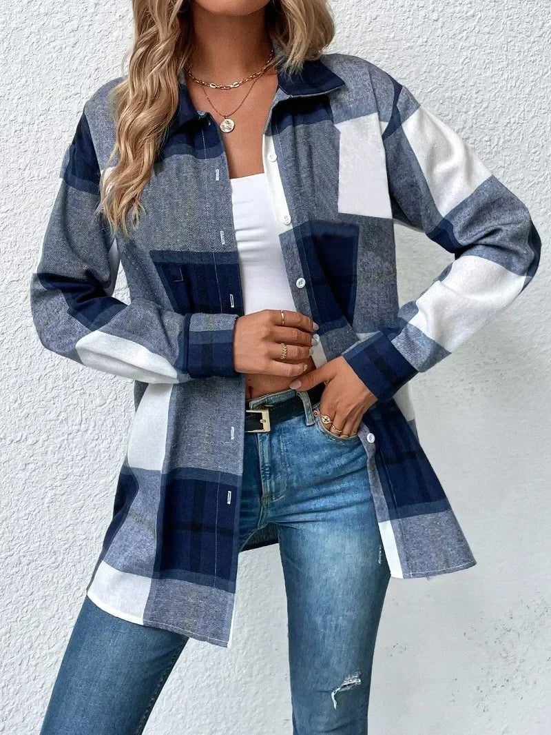 Women's Plus Size 1XL-5XL New Casual Checker Printed Shirt with Button Flip Collar Fashion Commuter Long Sleeved Shirt