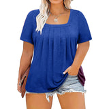 5XL Plus Size Woman Clothing Solid Color Short Sleeve T-shirt Elegant Pleated Square Neck Casual Tees Large Size Ladies Tops
