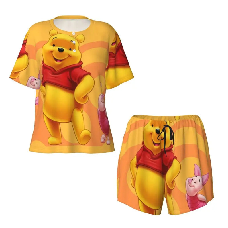 Custom Winnie The Pooh Pajama Sets Womens 2 Piece Short Sleeve Pjs Shorts Sleepwear
