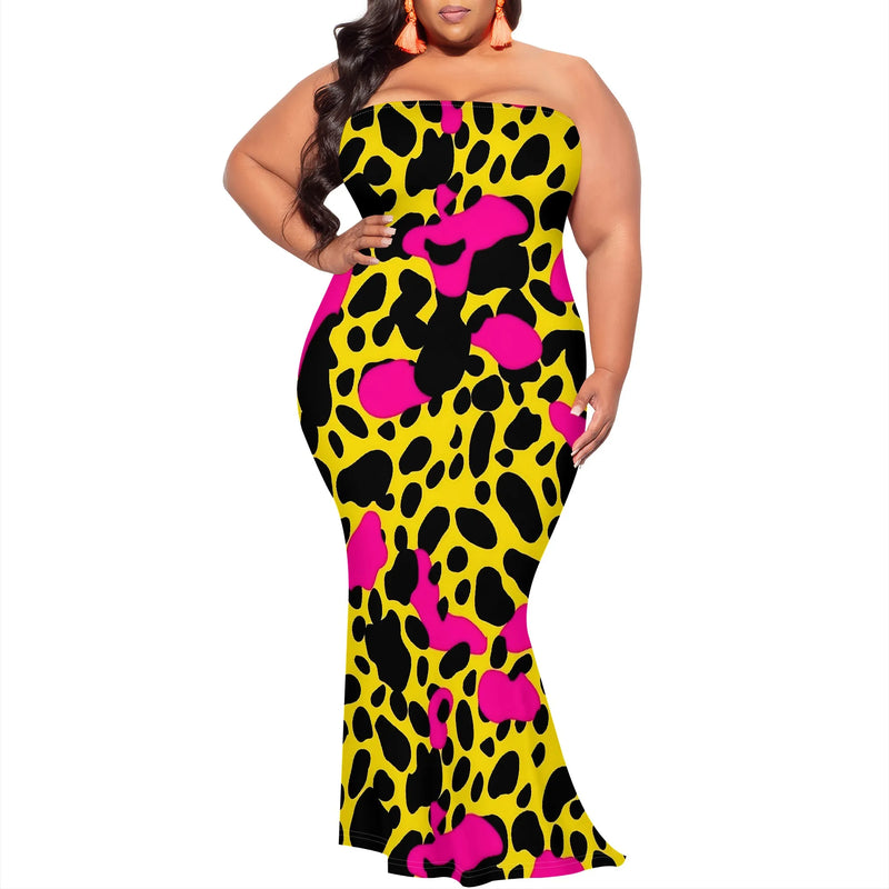 Plus Size Cow Print Strapless Maxi Dress for Women - Brown & Beige S-3XL | Trendy Summer 2025 New Arrival | Casual Party Outfit