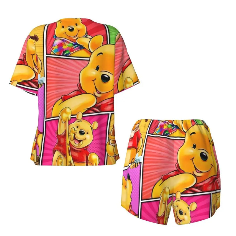 Custom Winnie The Pooh Pajama Sets Womens 2 Piece Short Sleeve Pjs Shorts Sleepwear