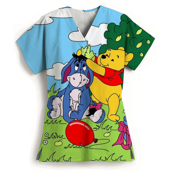 Winnie The Pooh Clinic Hospital Nurse Workwear Teeth 3D Printing T-shirt Women's V-neck Pocket Medical Clothing Nursing Top Work