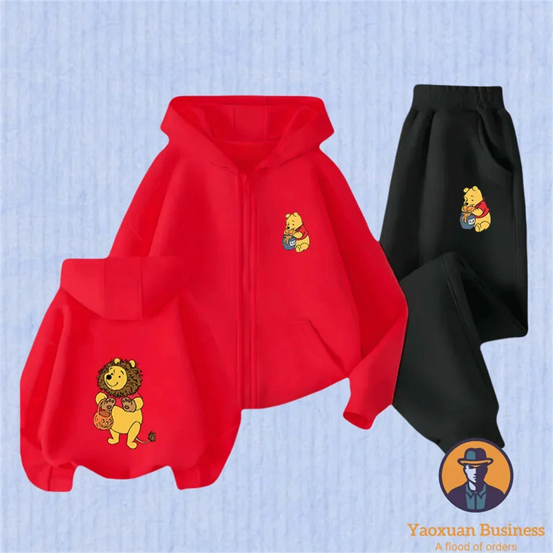Winnie The Pooh Spring Autumn Cute 2Pcs Casual Hoodie+Pants Tracksuits 3-14 Years Boys Girls Outfits Children Clothes