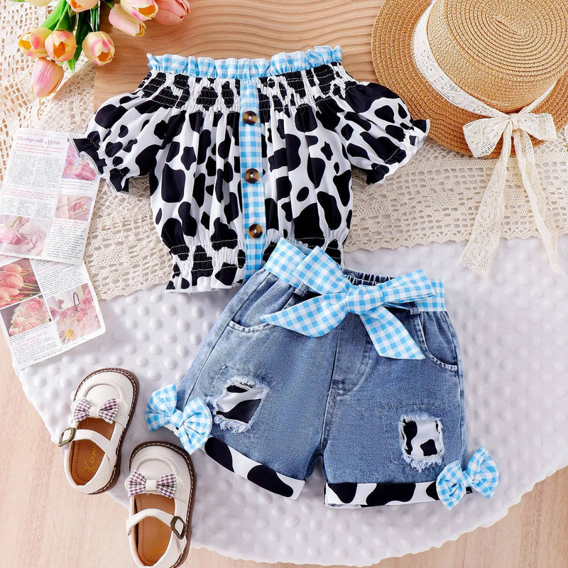 Little Girls Western Cowgirl Outfit Cow Print Off Shoulder Smocked Shirt Top with Denim Shorts Summer Daily School Party Clothes