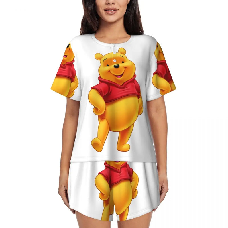 Custom Winnie The Pooh Pajama Sets Womens 2 Piece Short Sleeve Pjs Shorts Sleepwear