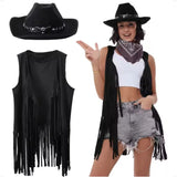 3 Pcs Women Cowboy Cowgirl Costume Faux Suede Tassel Vest Waistcoat with Rivets Cowboy Hat Carnival Party Clothes Clubwear