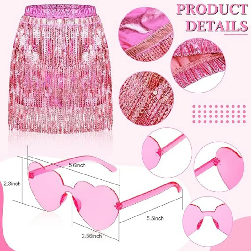 Pink Cowgirl Costume SET for Women Girl:cowboy Hat with Feathers,Space Skirt,HEART-SHAPED GLASSES, halloween accessories