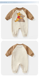 MINISO Winnie the Pooh Baby Color Matching Spring Newborn Climbing Clothes Long Sleeve Soft Cotton Kawaii Bodysuit 0-1 Years
