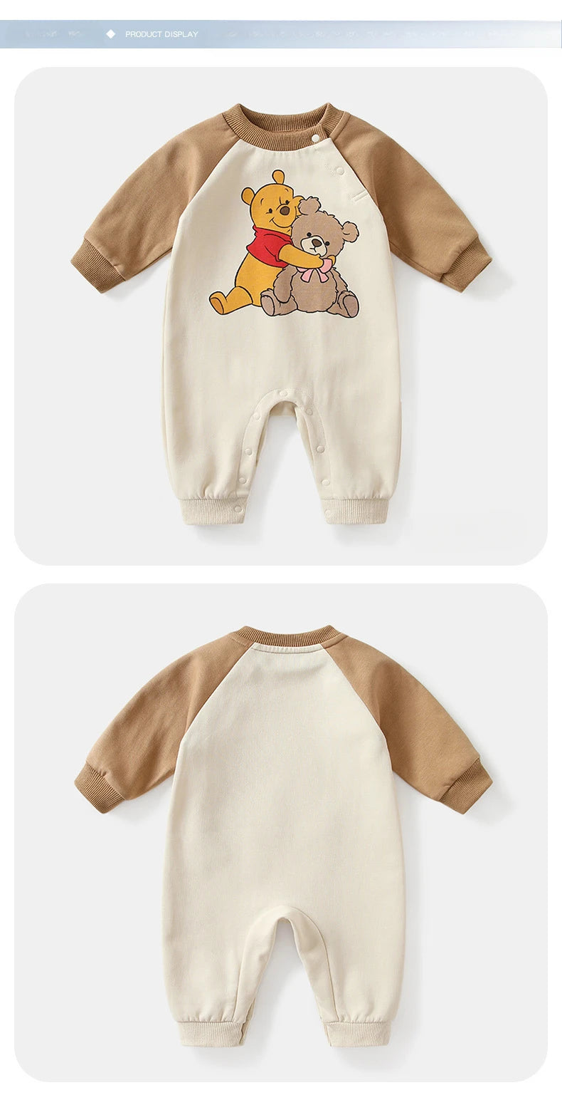 MINISO Winnie the Pooh Baby Color Matching Spring Newborn Climbing Clothes Long Sleeve Soft Cotton Kawaii Bodysuit 0-1 Years