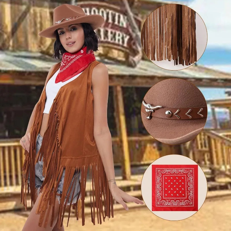 3 Pcs Women Cowboy Cowgirl Costume Faux Suede Tassel Vest Waistcoat with Rivets Cowboy Hat Carnival Party Clothes Clubwear