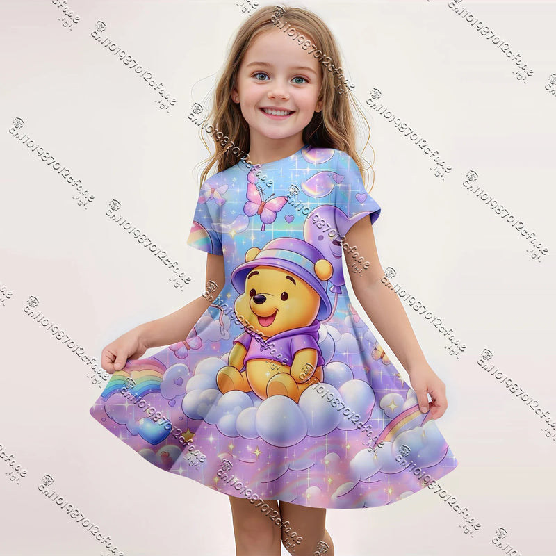 2025 MINISO New Summer Kids Girls Dress Cute Winnie the Pooh 3D Print Clothes Harajuku Short Sleeve Performance Casual Clothes
