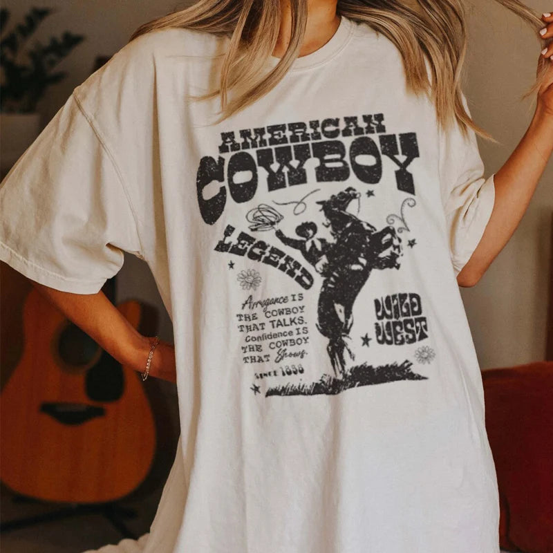 American Cowboy Women 70s Retro Oversized T Shirt Western Cowgirl Vintage Graphic T-Shirts Tees Hippie Boho Fashion Tshirt Tops