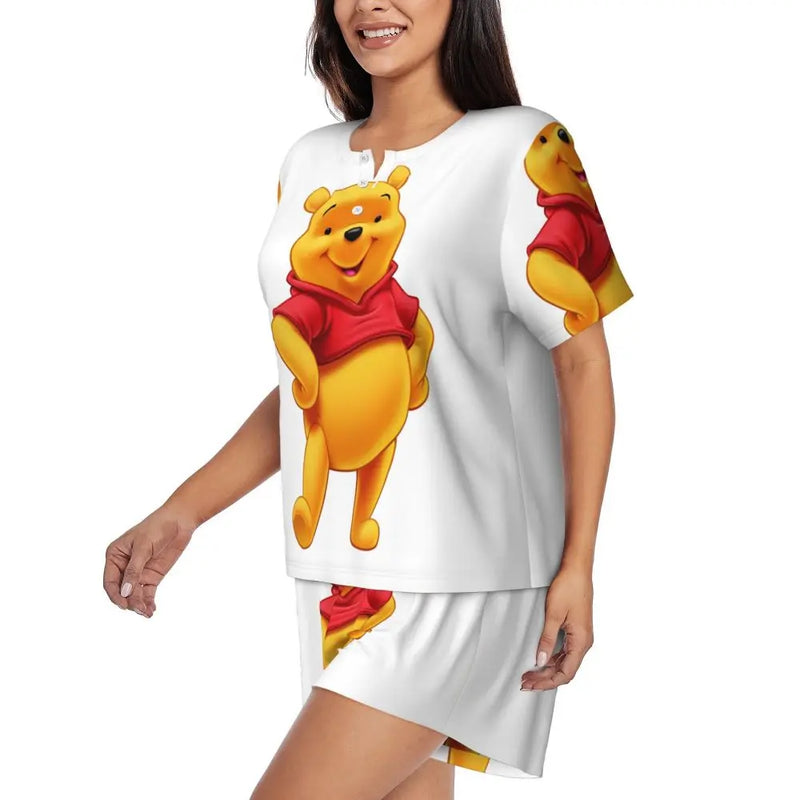 Custom Winnie The Pooh Pajama Sets Womens 2 Piece Short Sleeve Pjs Shorts Sleepwear