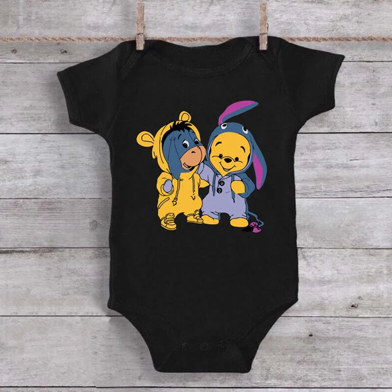 Cute Winnie the Pooh Bear Cartoon Toddler Jumpsuit Baby Girl Boy Black Cotton Clothes Kawaii Summer Newborn Baby Romper