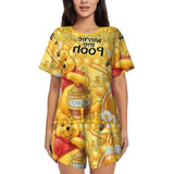 Custom Winnie The Pooh Pajama Sets Womens 2 Piece Short Sleeve Pjs Shorts Sleepwear