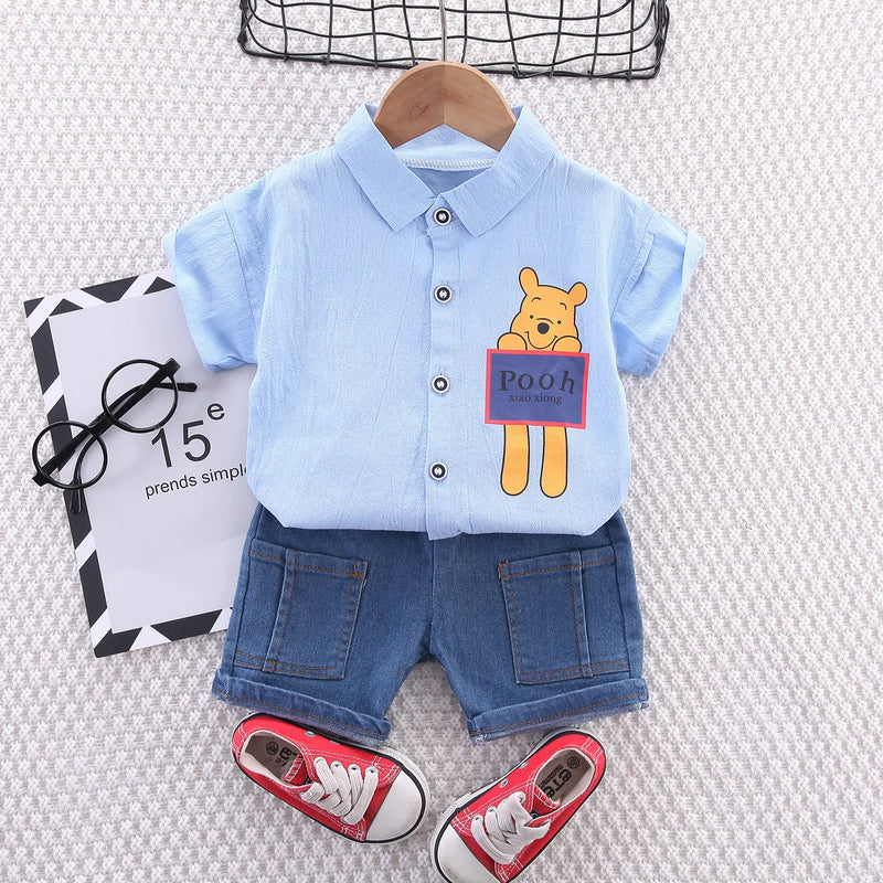 Baby Boy Clothes Winnie the Pooh Short sleeve Shirt +Denim 2pcs gentleman Clothes Toddler boys Clothing Sets