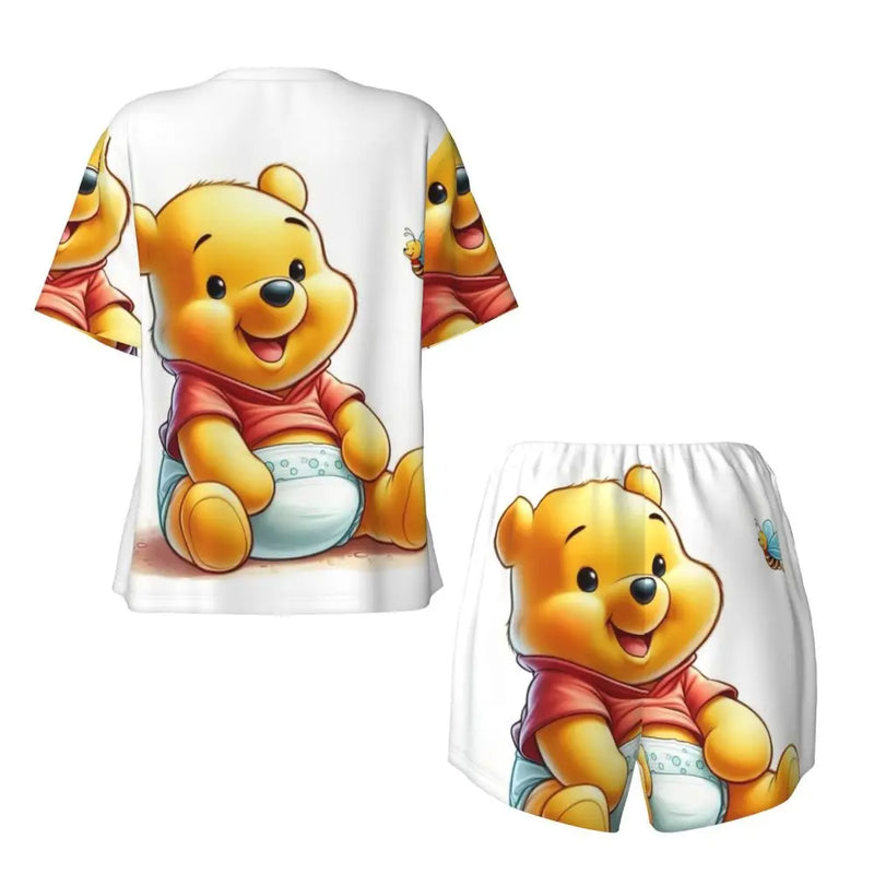 Custom Winnie The Pooh Pajama Sets Womens 2 Piece Short Sleeve Pjs Shorts Sleepwear